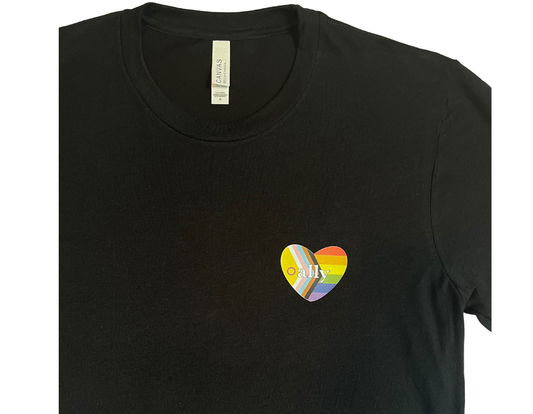 Zoomed in on a black t-shirt is laid flat against a white background. A heart shape rainbow flag is placed over the left chest with the word ally centered amongst it.